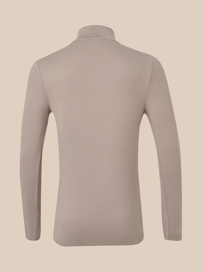 A long-sleeve mock neck shirt shown from the back, in a solid taupe color, displayed on a neutral beige background.