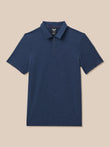 A navy blue short-sleeve polo shirt with a half-zip collar, displayed flat against a solid beige background.