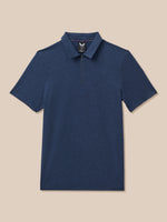 A navy blue short-sleeve polo shirt with a half-zip collar, displayed flat against a solid beige background.
