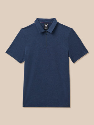 A navy blue short-sleeve polo shirt with a half-zip collar, displayed flat against a solid beige background.