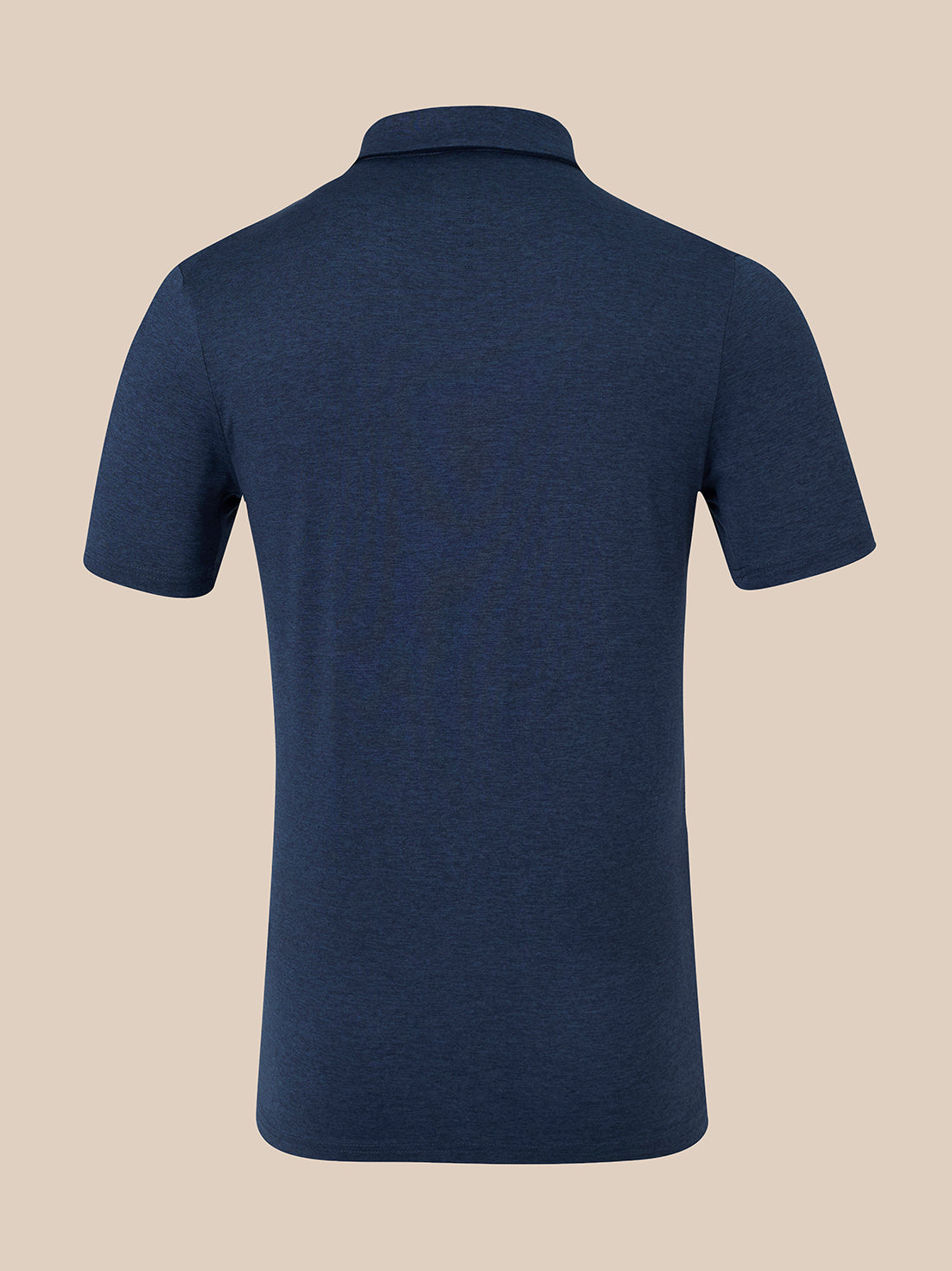 A navy blue short-sleeve polo shirt shown from the back, displayed on a clean, solid beige background.