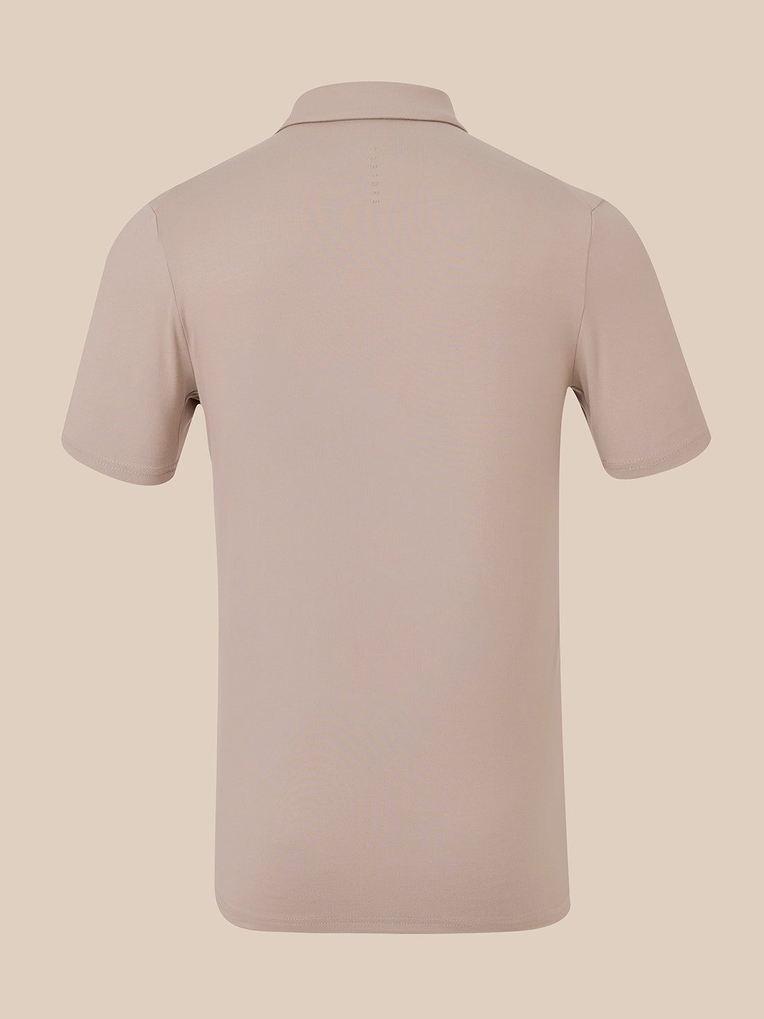 A short-sleeve polo shirt shown from the back, in a solid light taupe-beige color, displayed on a matching neutral beige background.