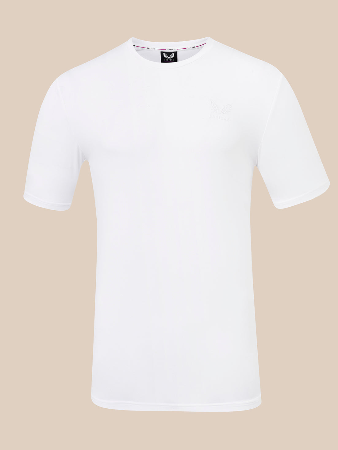 A white short-sleeve crewneck t-shirt with a small tonal embroidered logo on the left chest, displayed on a solid beige background.