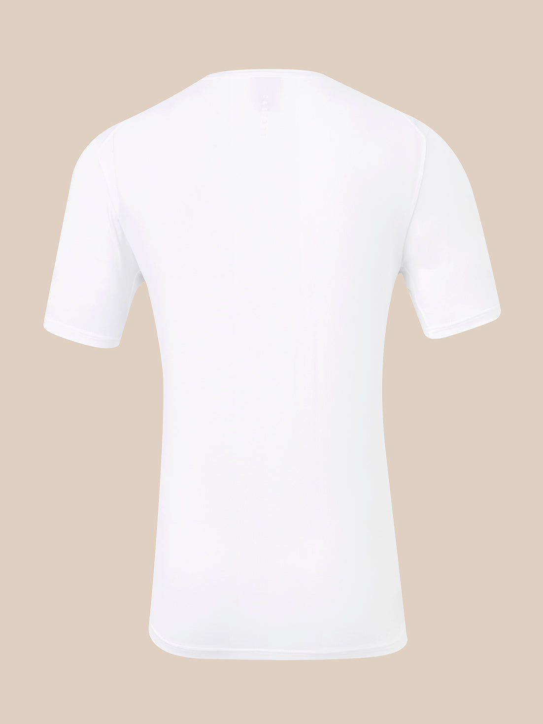 A plain white short-sleeve crewneck t-shirt shown from the back, centered on a solid beige background.