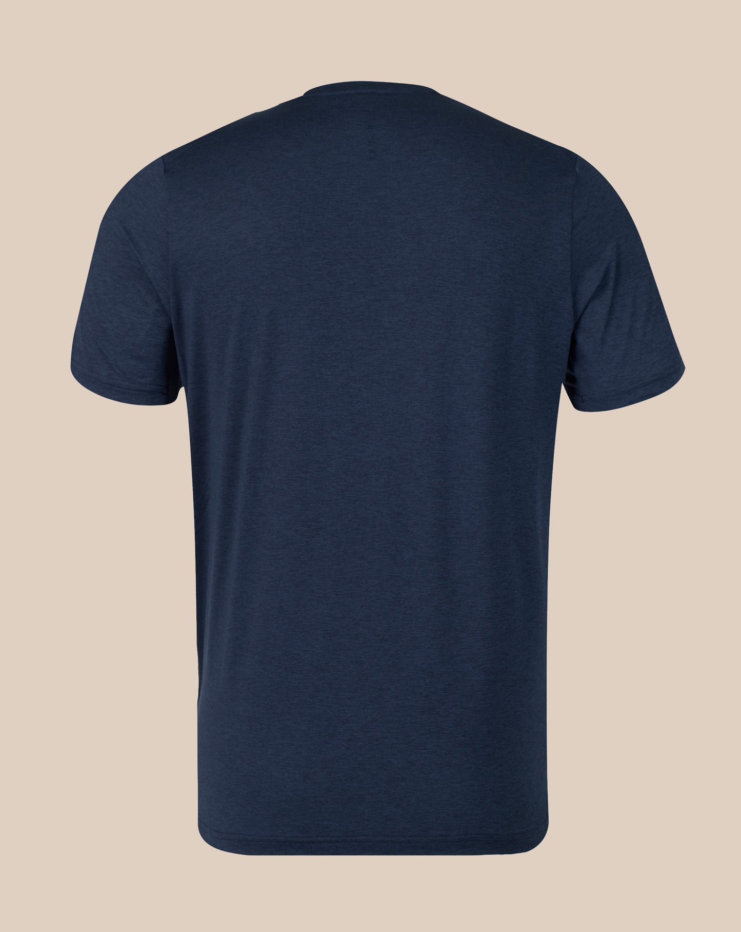 A navy blue short-sleeve crewneck t-shirt shown from the back, displayed on a solid beige background.