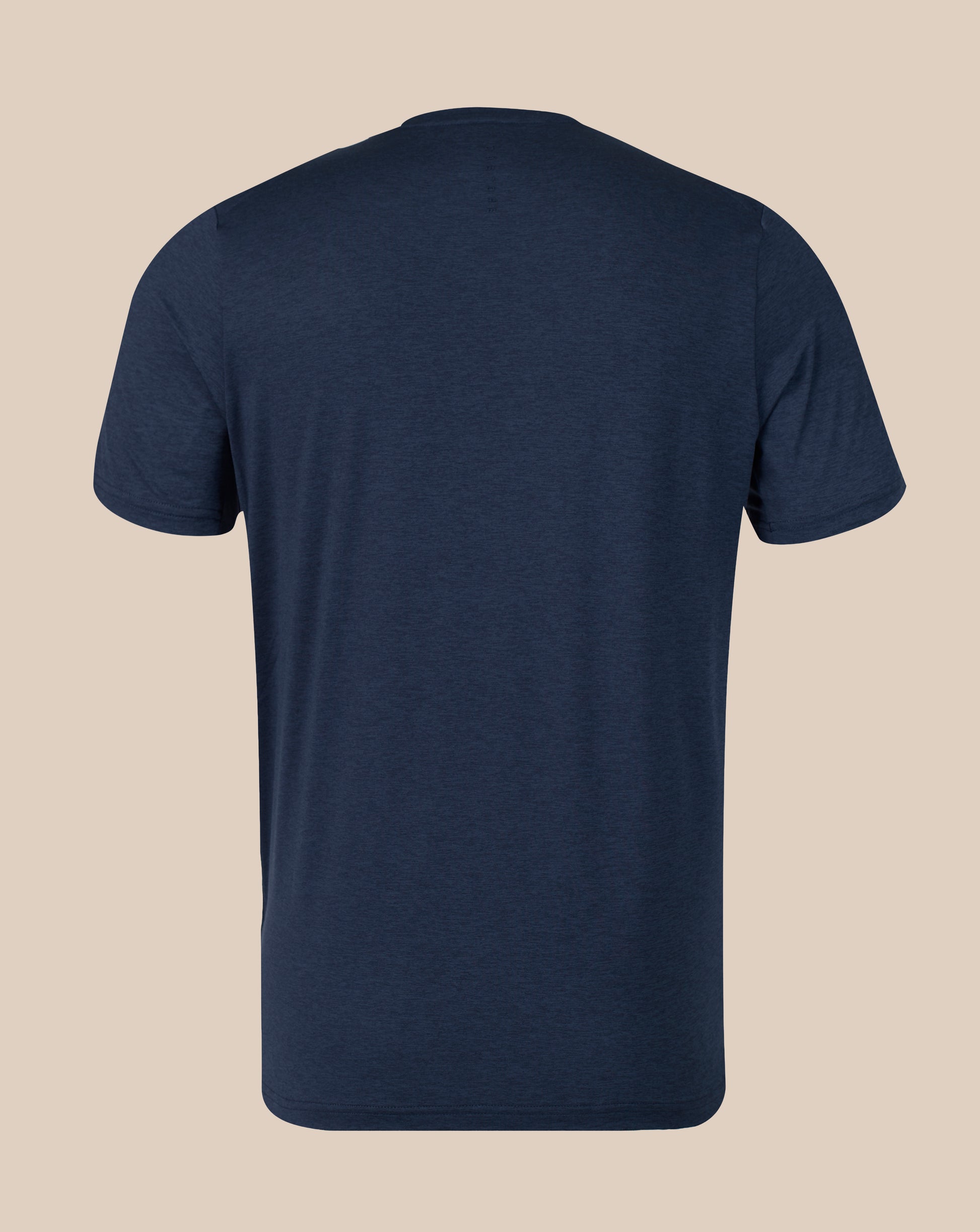 A navy blue short-sleeve crewneck t-shirt shown from the back, displayed on a solid beige background.