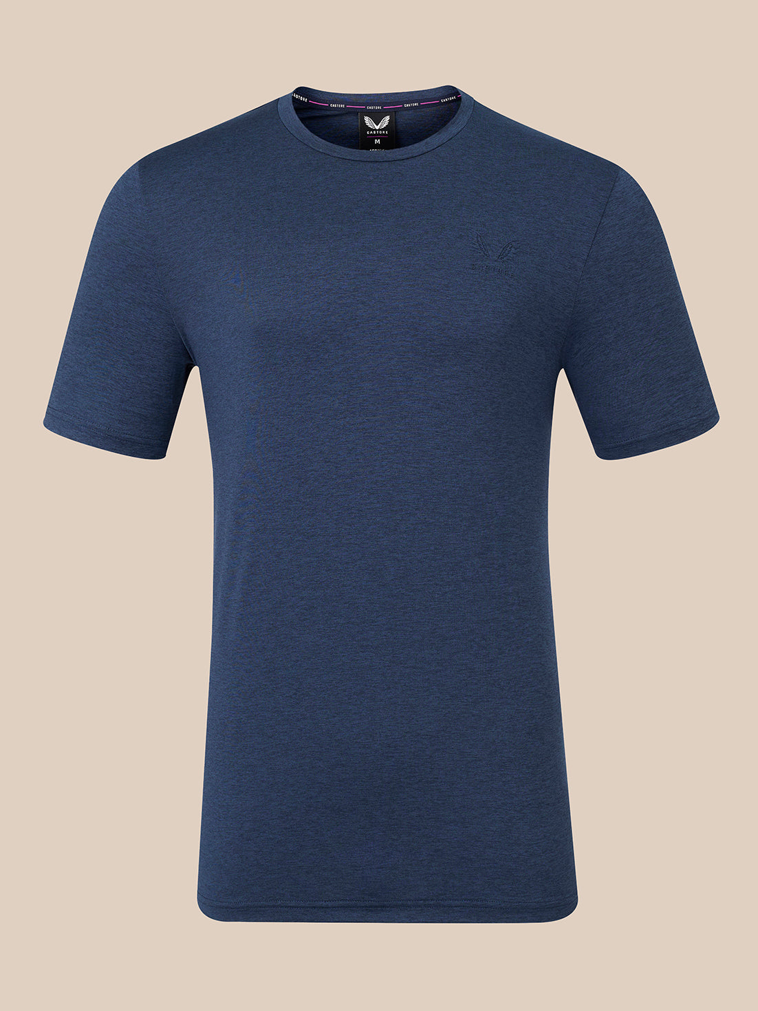 A short-sleeve crew-neck t-shirt in heathered navy blue, shown against a solid beige background.
