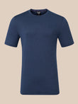 A short-sleeve crew-neck t-shirt in heathered navy blue, shown against a solid beige background.