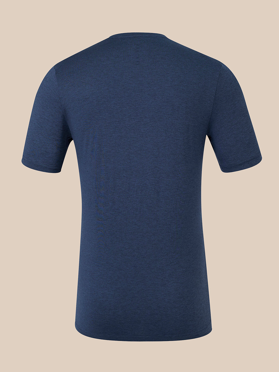 A navy blue short-sleeve crewneck t-shirt shown from the back, displayed on an invisible mannequin against a solid beige background.