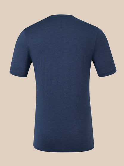 A navy blue short-sleeve crewneck t-shirt shown from the back, displayed on an invisible mannequin against a solid beige background.