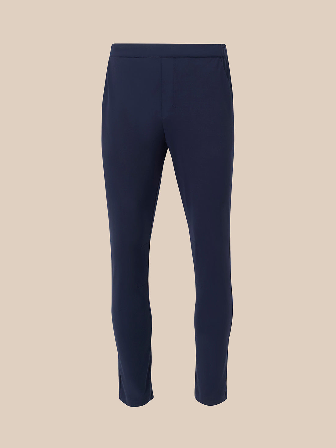 Back view of navy elevated lifestyle slim fit trousers with partially elasticated waistband and pink zip pull on rear pocket