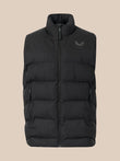 A black puffer vest with a stand-up collar and a small dark gray wing logo on the left chest, displayed against a solid beige background.