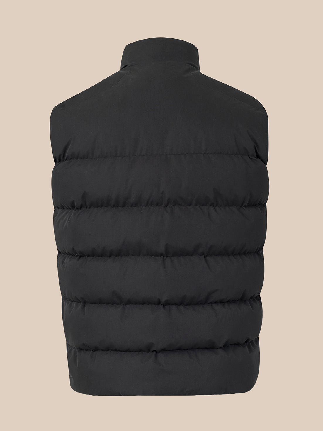 A black sleeveless puffer vest shown from the back, featuring horizontal quilting and a high collar, set against a solid beige background.