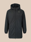 A dark gray hooded jacket with a full front zipper and a small winged logo on the left chest, displayed against a solid beige background.