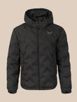 A black hooded puffer jacket with a full-zip front and a small gray wing logo on the left chest, displayed against a solid beige background.