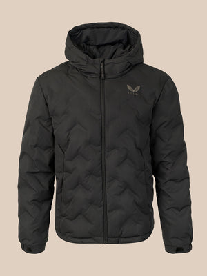 A black hooded puffer jacket with a full-zip front and a small gray wing logo on the left chest, displayed against a solid beige background.