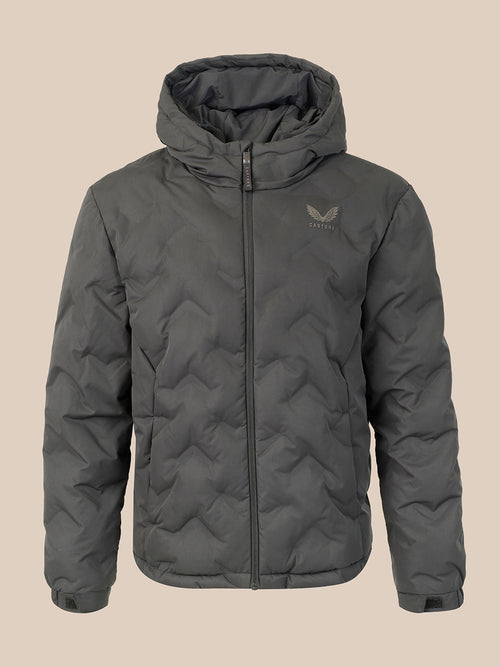 A black hooded puffer jacket with a full-zip front and a small gray wing logo on the left chest, displayed against a solid beige background.