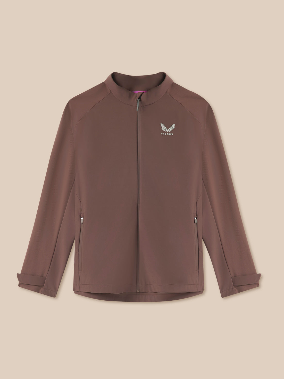 Brown jacket with a brand logo on a beige background
