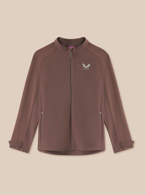 Brown jacket with a brand logo on a beige background