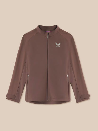 Brown jacket with a brand logo on a beige background