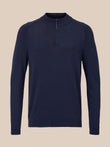 A navy blue long-sleeve quarter-zip sweater with textured ribbed shoulder and sleeve panels, displayed on a neutral beige background.