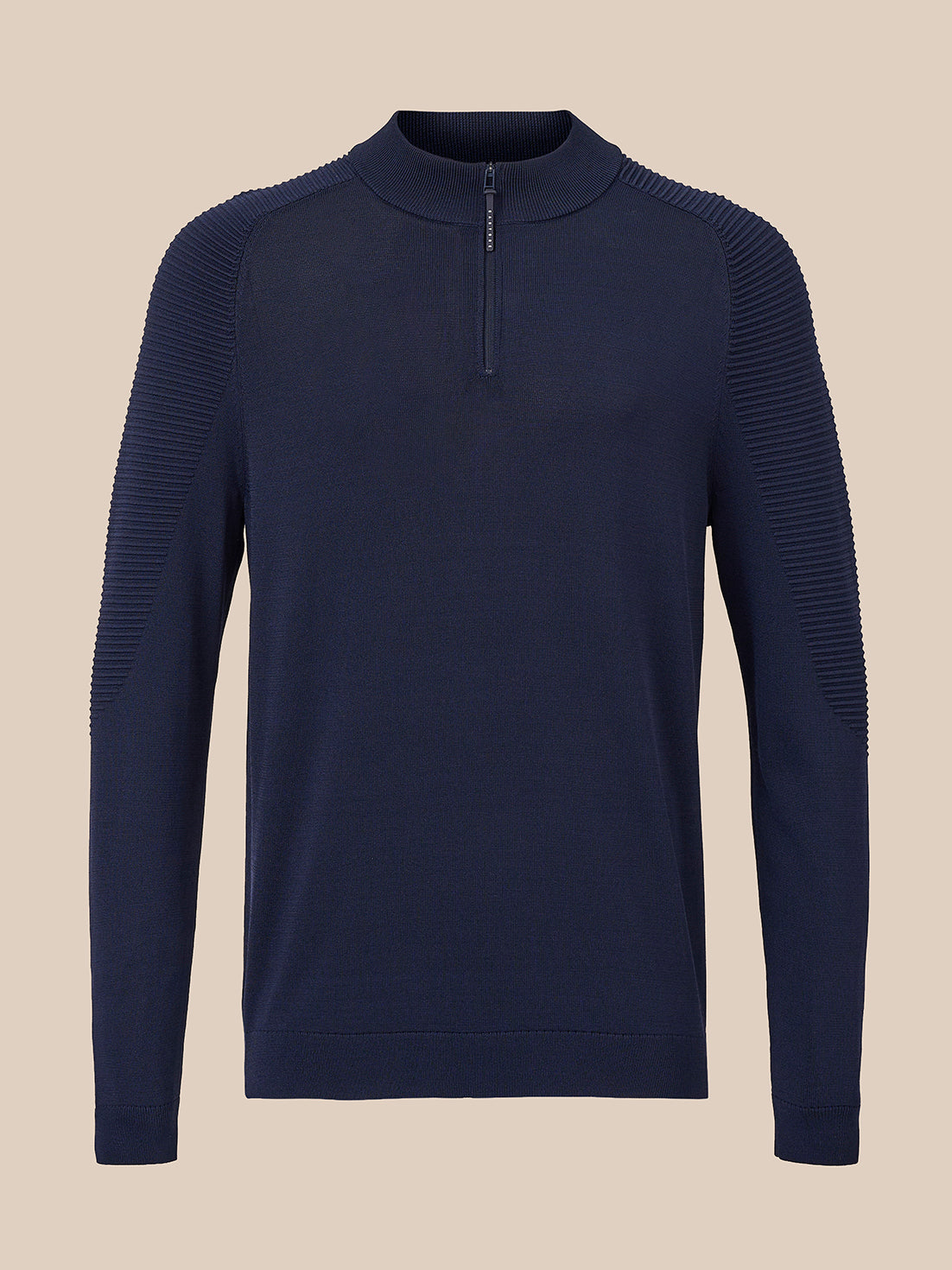 A navy blue long-sleeve quarter-zip sweater with textured ribbed shoulder and sleeve panels, displayed on a neutral beige background.
