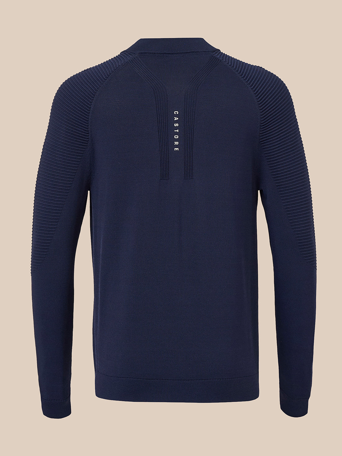 A navy blue long-sleeve knit sweater with textured ribbed shoulder panels and a vertical zippered placket featuring the brand name 'CASTORE' in white, shown against a solid beige background.