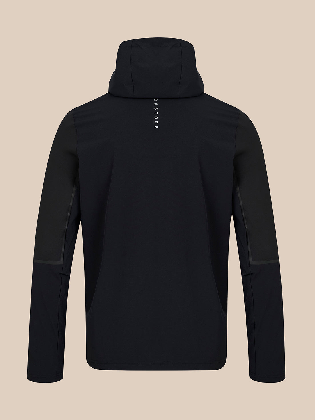 A black hooded jacket shown from the back, featuring a vertical white 'CASTORE' brand logo on the upper back, set against a solid beige background.