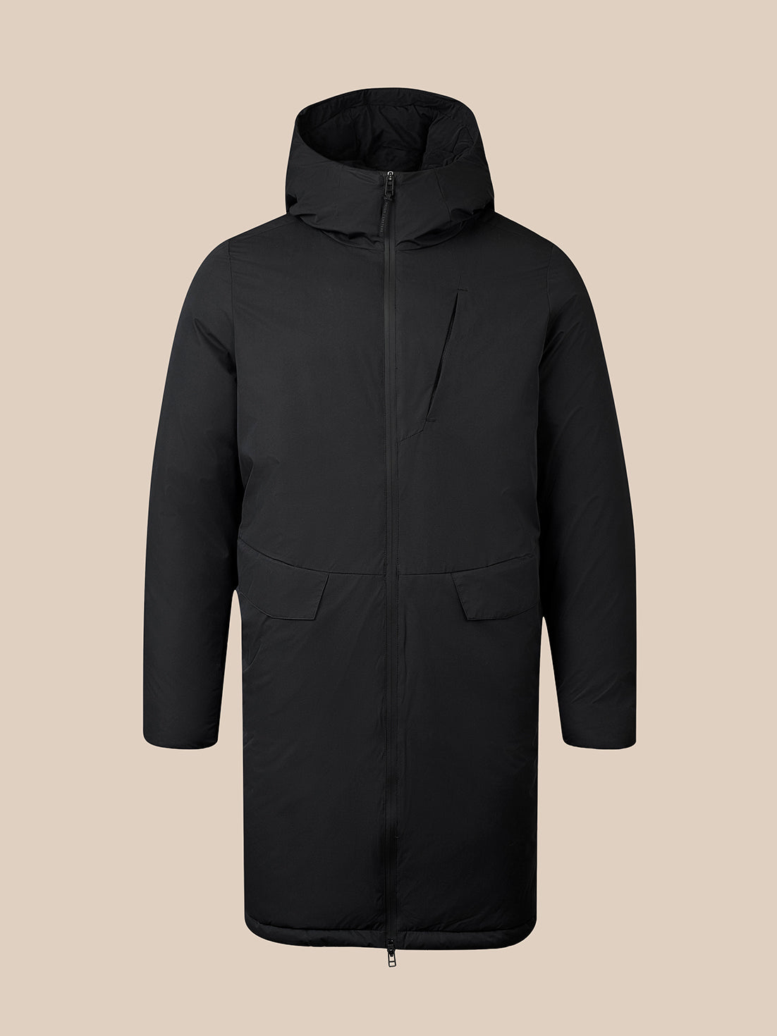 A black hooded winter parka jacket with a full front zipper, long sleeves, and two front flap pockets, shown against a solid beige background.