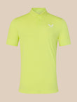Yellow polo shirt with a logo on a beige background