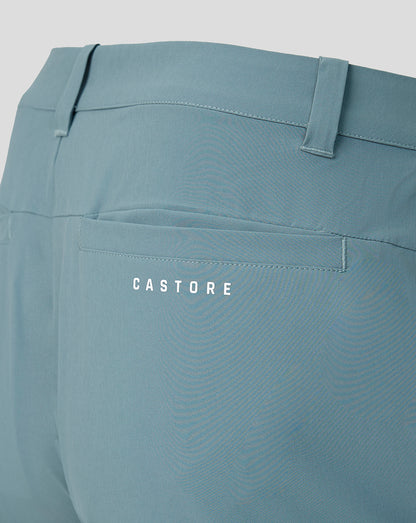 Close-up of light blue pants with 'CASTORE' branding on a gray background