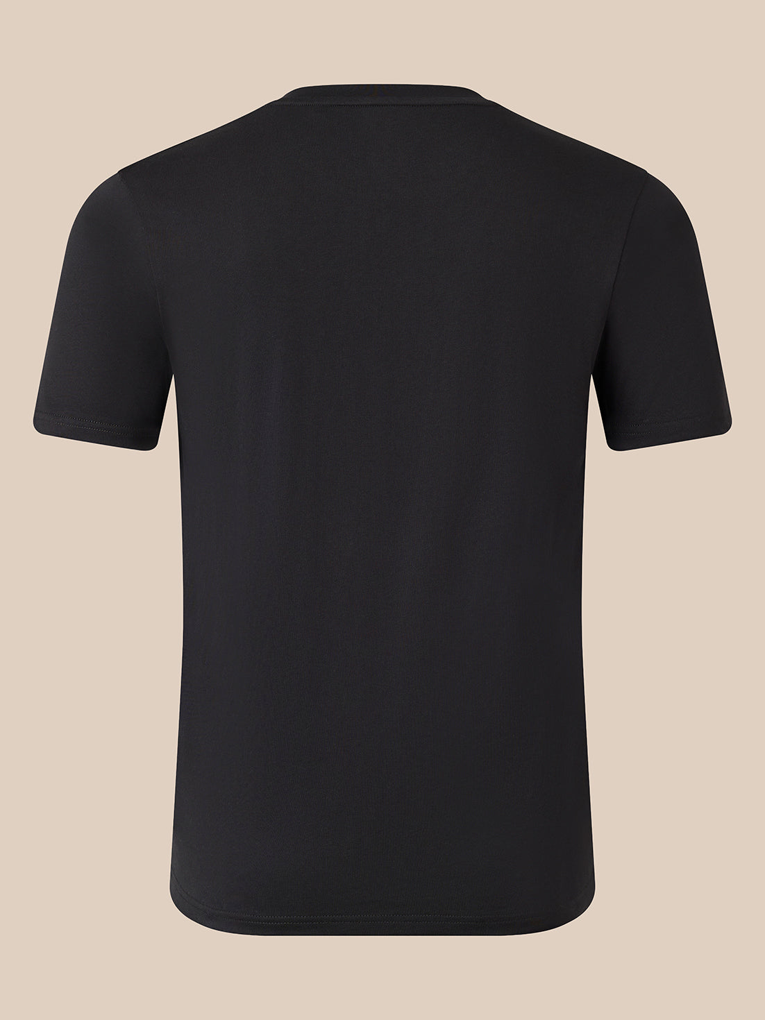 A plain black short-sleeve crewneck t-shirt shown from the back, displayed on a solid beige background.