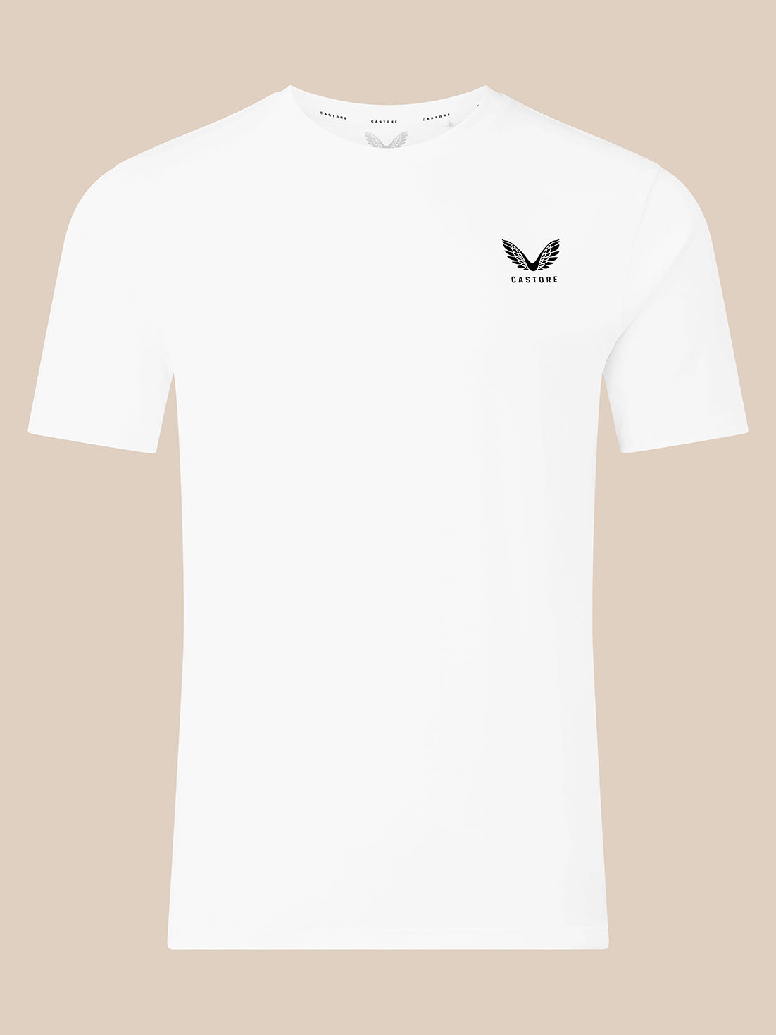 A white short-sleeve crewneck t-shirt with a small black winged logo and the brand name 'CASTORE' printed on the left chest, displayed against a solid beige background.