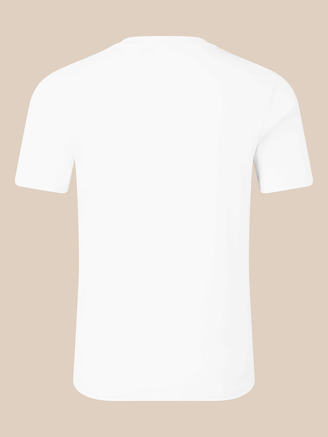 A plain white short-sleeve crewneck t-shirt shown from the back, centered on a solid light beige background.