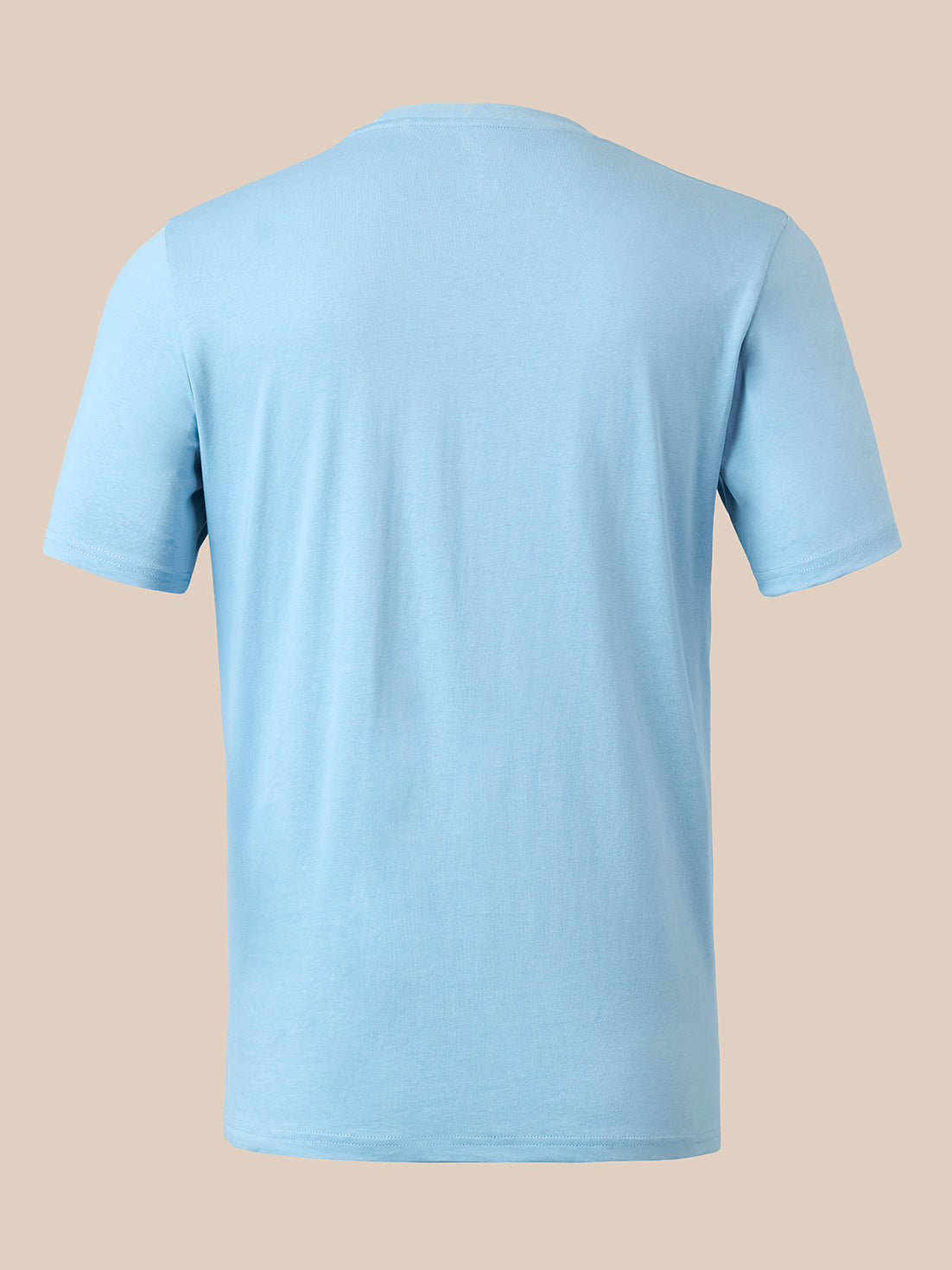 A light blue short-sleeve crewneck t-shirt shown from the back, displayed on a solid beige background.