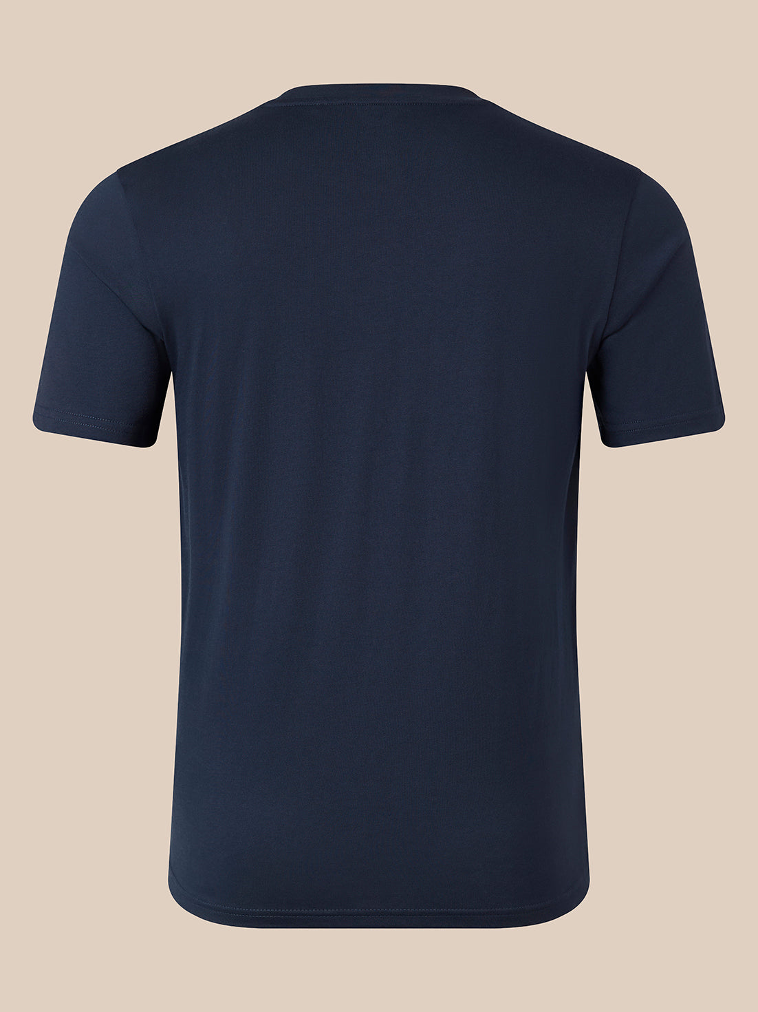 A navy blue short-sleeve crewneck t-shirt shown from the back, displayed on an invisible mannequin against a solid beige background.