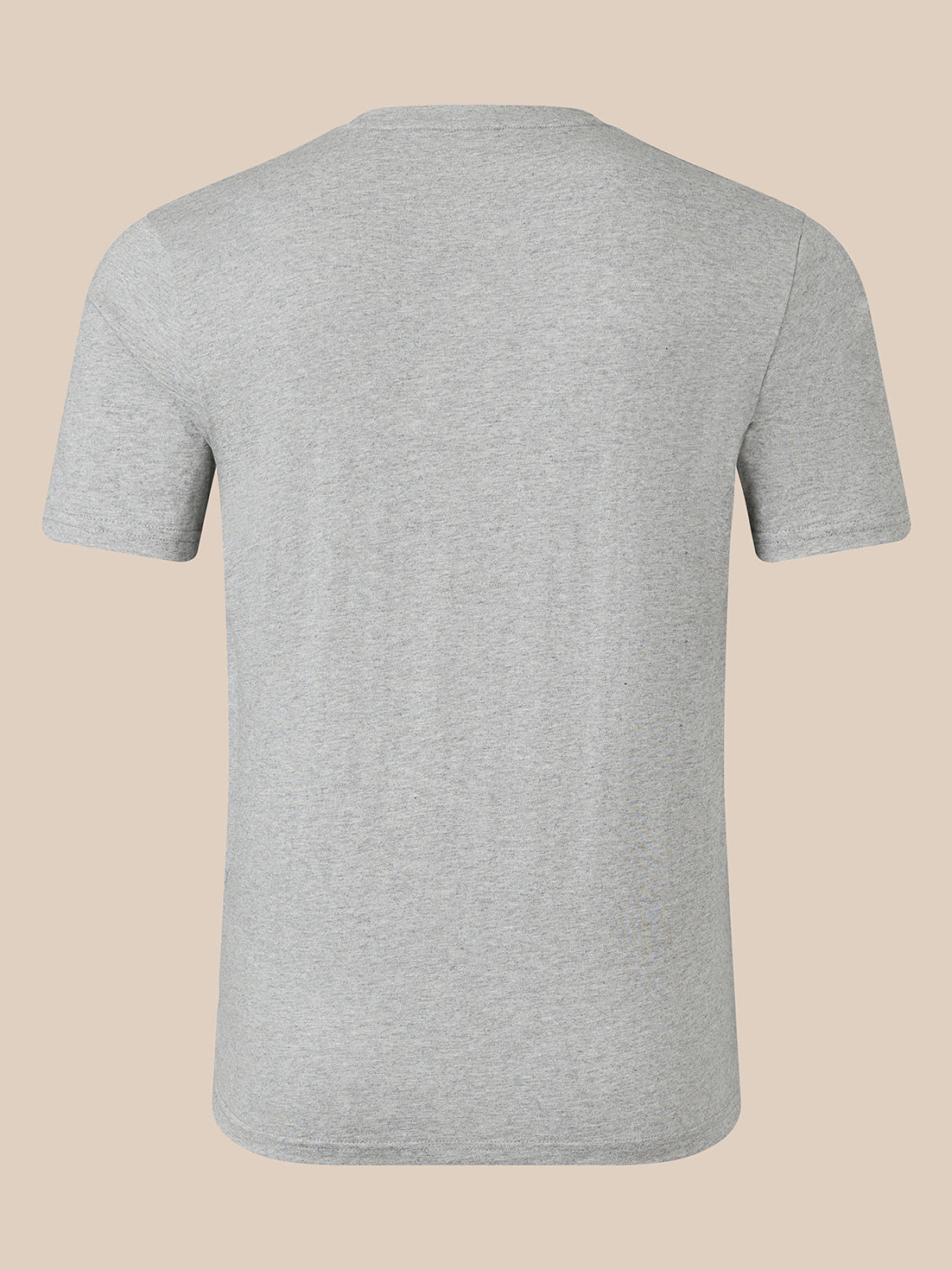 A light gray heather short-sleeve t-shirt shown from the back, displayed on a solid beige background.