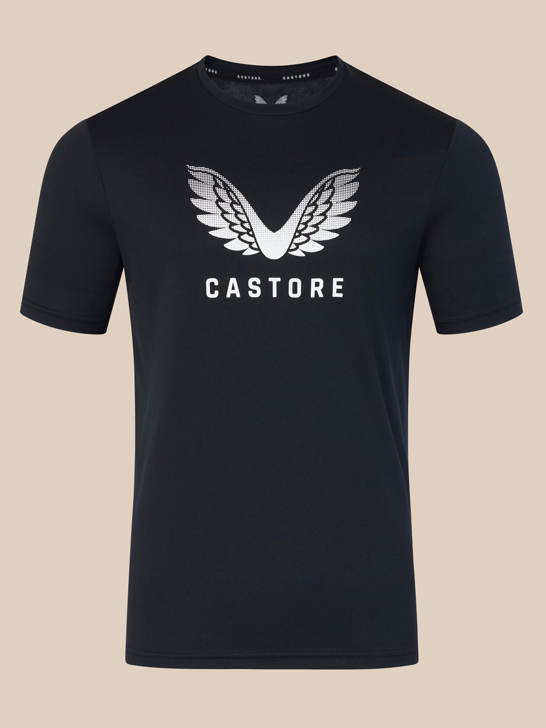Black t-shirt with white logo and text on a beige background