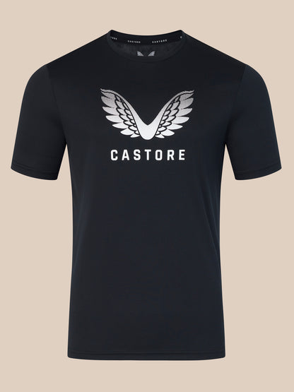 Black t-shirt with white logo and text on a beige background