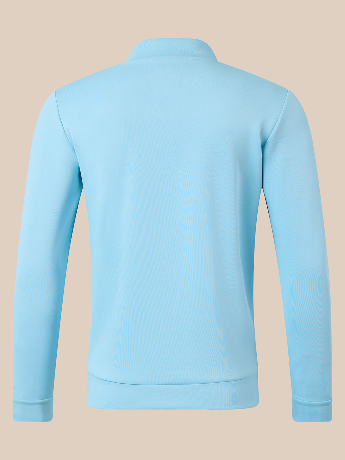 A light blue long-sleeve quarter-zip sweatshirt shown from the back, displayed on a solid beige background.