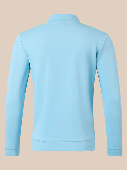 A light blue long-sleeve quarter-zip sweatshirt shown from the back, displayed on a solid beige background.