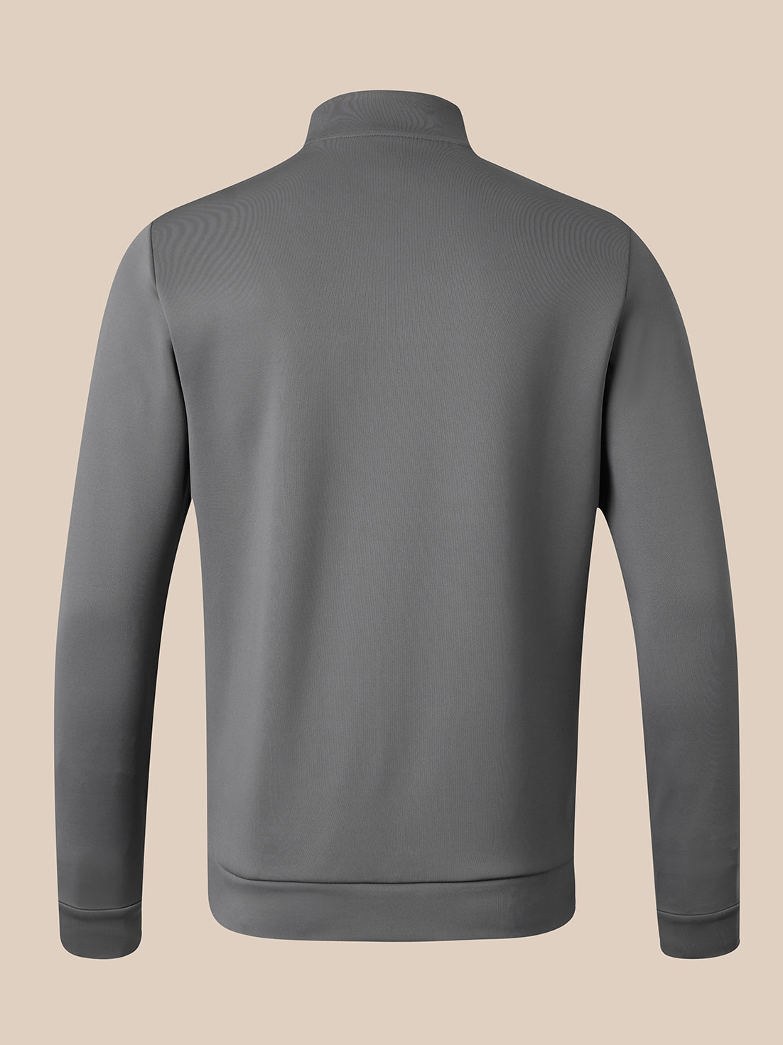 A dark gray long-sleeve quarter-zip pullover jacket shown from the back, featuring a mock neck and ribbed cuffs and hem, set against a solid beige background.