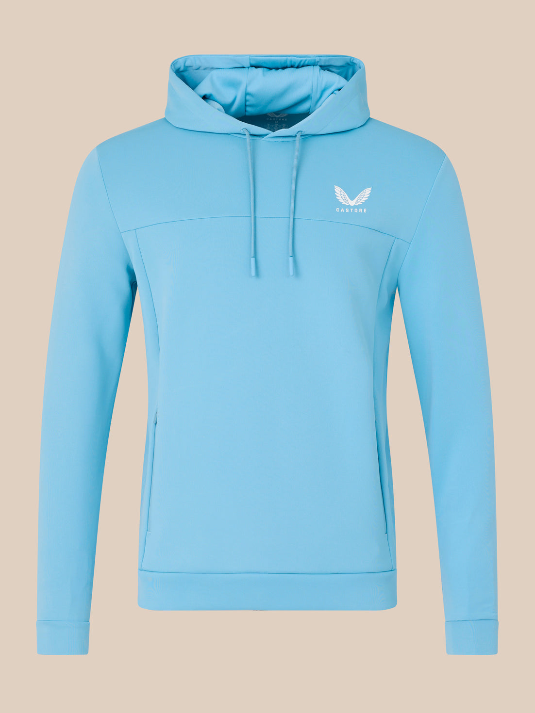 Light blue hoodie with a brand logo on a beige background