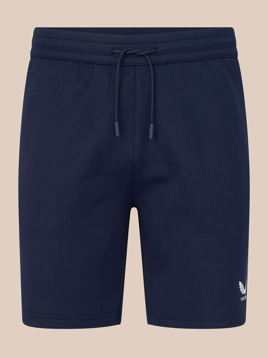 Navy blue shorts with a drawstring on a beige background