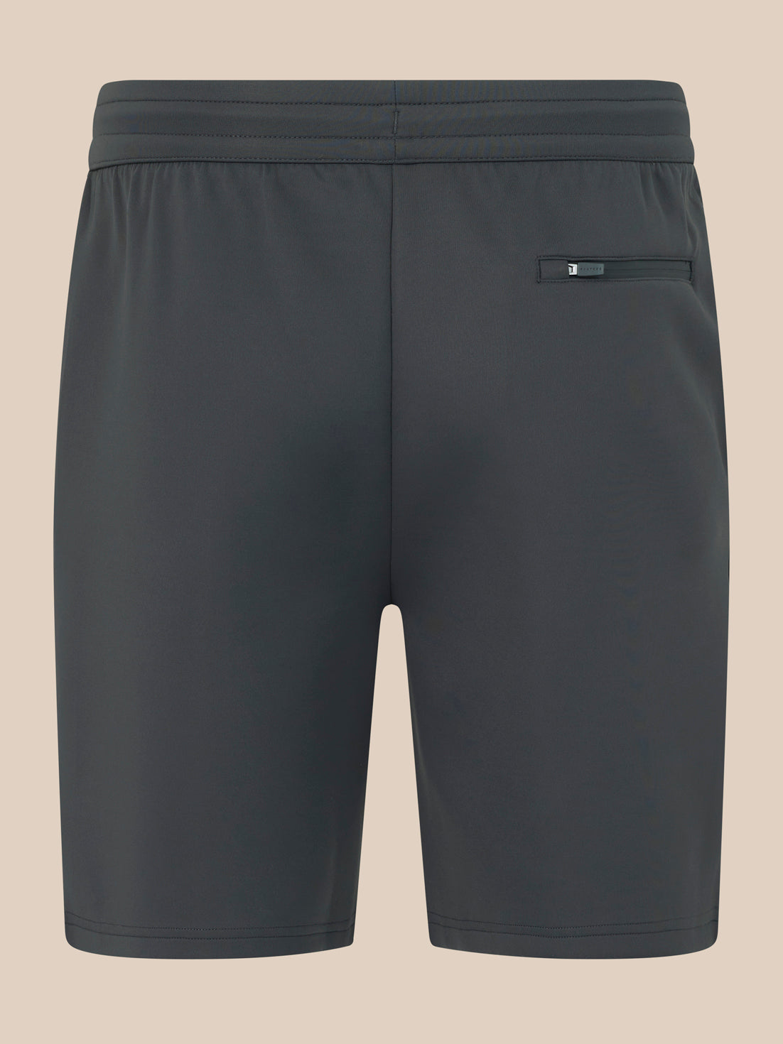 Dark gray shorts with a pocket on a beige background