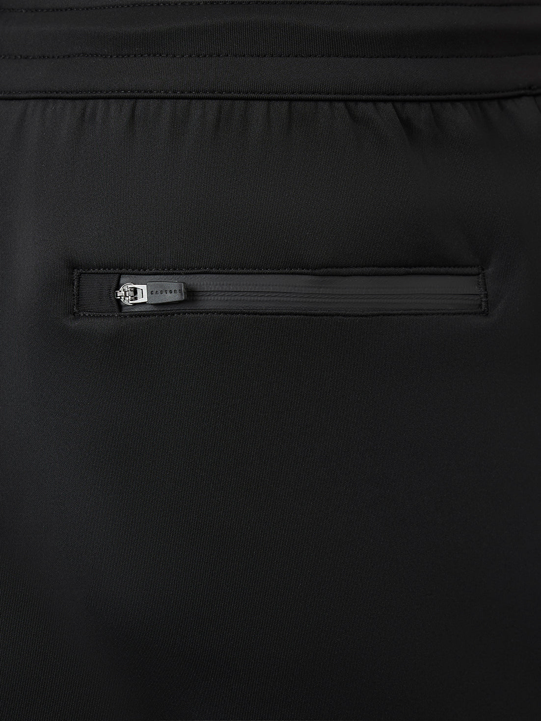Close-up of a black garment featuring an elastic waistband and a horizontal zippered pocket with a small silver-tone metal pull tab.