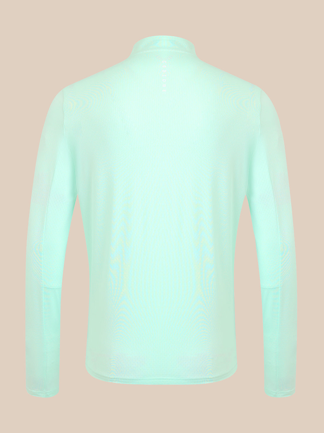 A long-sleeve high-neck top shown from the back, in a very pale mint green color, displayed on a solid beige background.