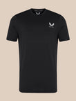 Black men's short sleeve training T shirt with small white Castore logo on left chest