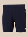 Navy blue athletic shorts with an elastic waistband and a small white embroidered logo on the lower left leg, shown against a solid beige background.