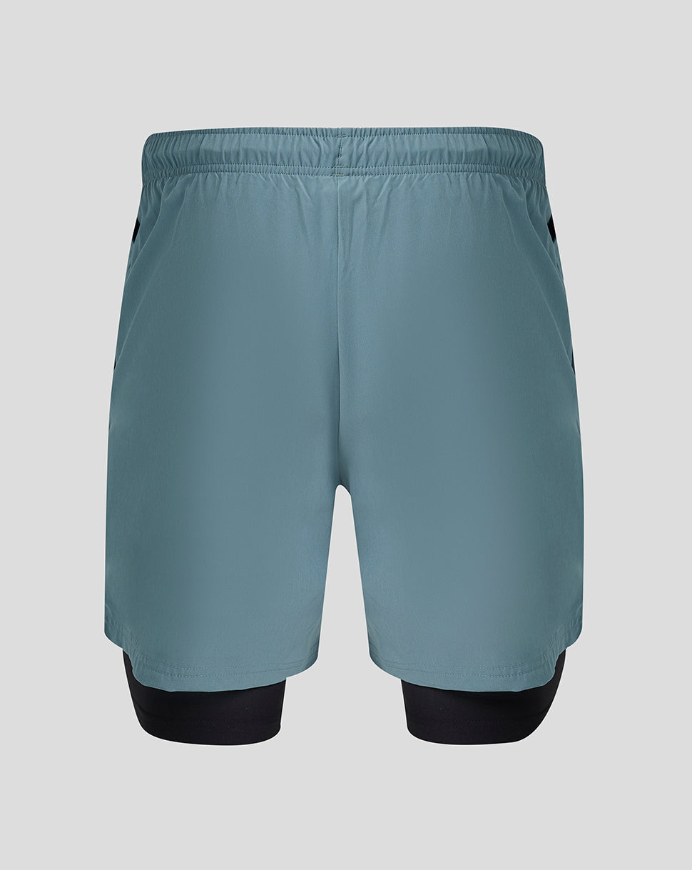 Gray shorts with black accents on a light gray background